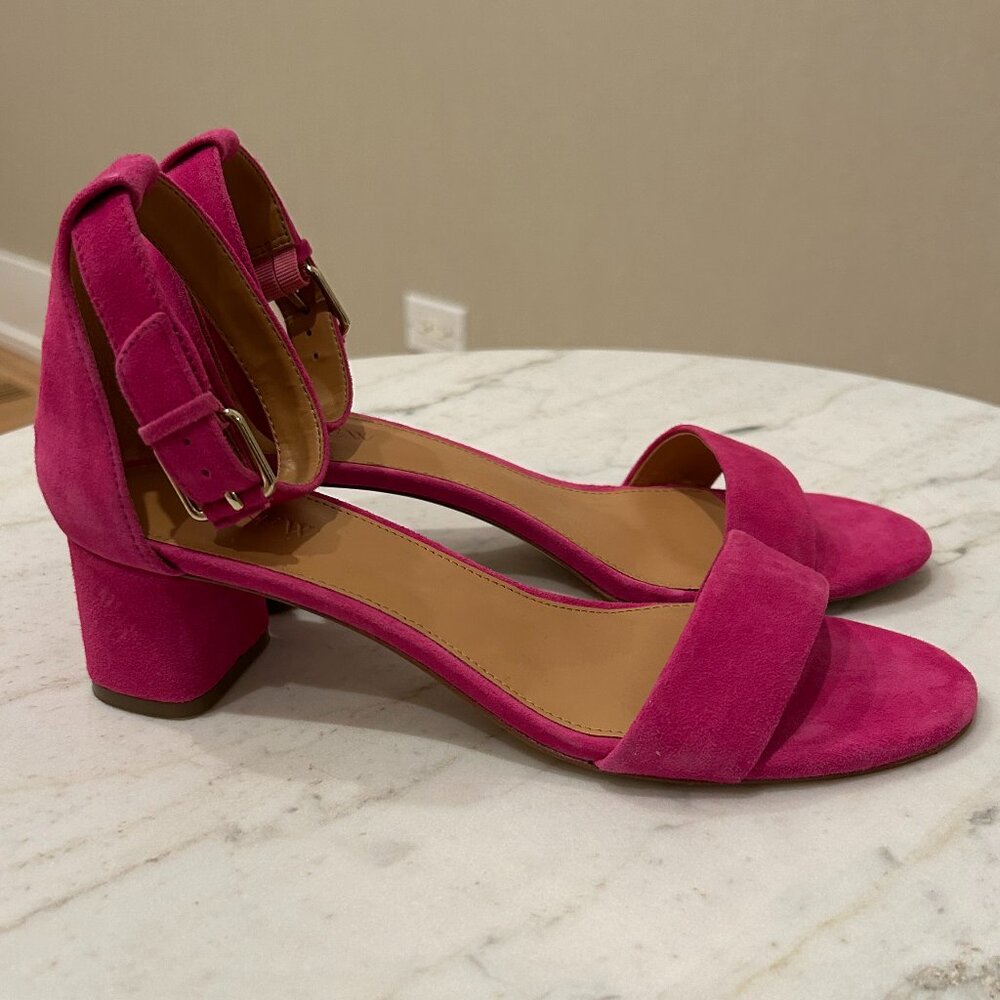 J. Crew Ankle Strap Block Heel Sandals in Pink Suede